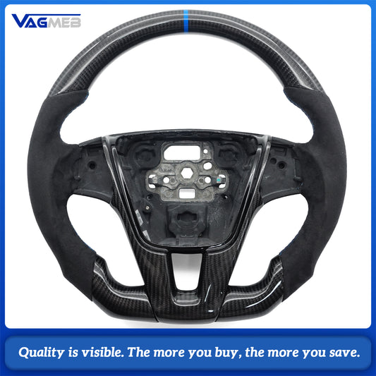 Glossy Real Carbon Fiber Steering For Volvo S60 XC70 V60 S80 V40 XC60 Blue stitching  blue Marker Customized