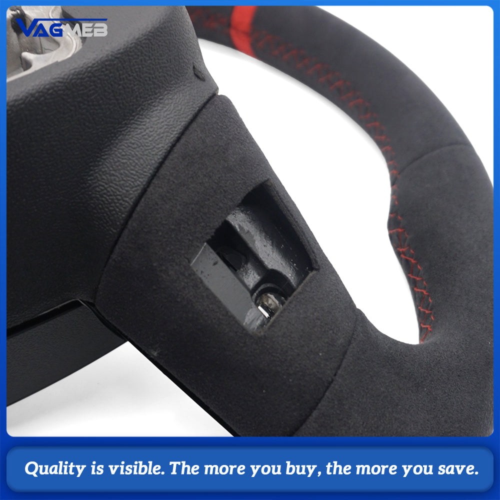 RS Steering Wheel For Audi A6L C8 A7 RS7, Full Alcantara, Black Gloss RS Logo, Red Stitching, Red Center Mark, Flat Bottom