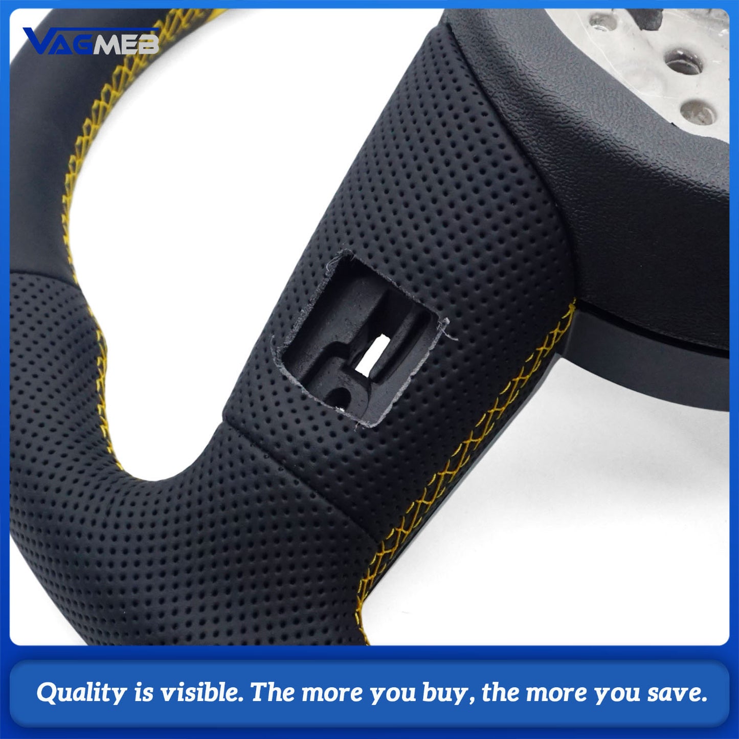 Semi - Perforated Leather Steering Wheel  Yellow Stitching & Centering Mark